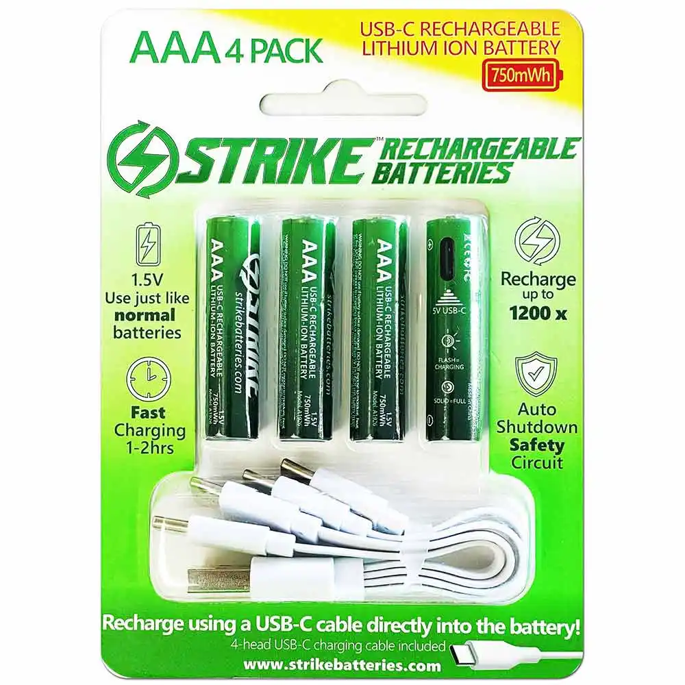 STRIKE 1.5V AAA USB C 750mw Battery With Cable - 4 Pack A1926-4C