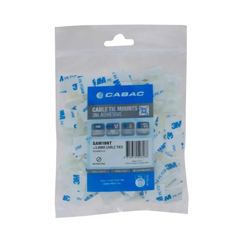 CABAC 30mm Adhes Cable Tie Mount - 100 Piece Natural SAM25NT