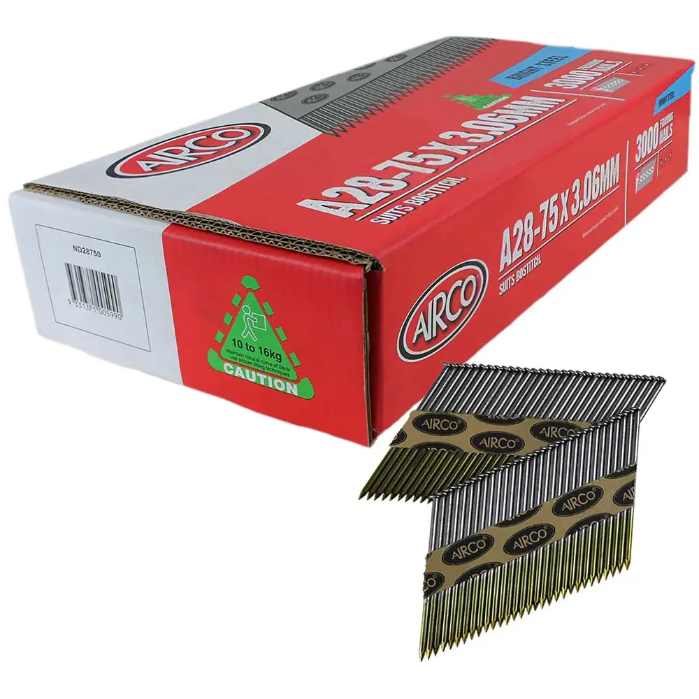 AIRCO 28° Bright Steel Framing Nails - 75mm Box of 3000 ND28750