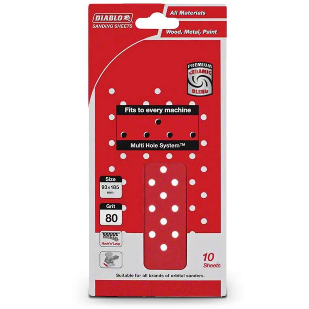 DIABLO 93 x 185mm 80-Grit Multi-Hole Hook & Loop Sanding Sheet - 10 Piece