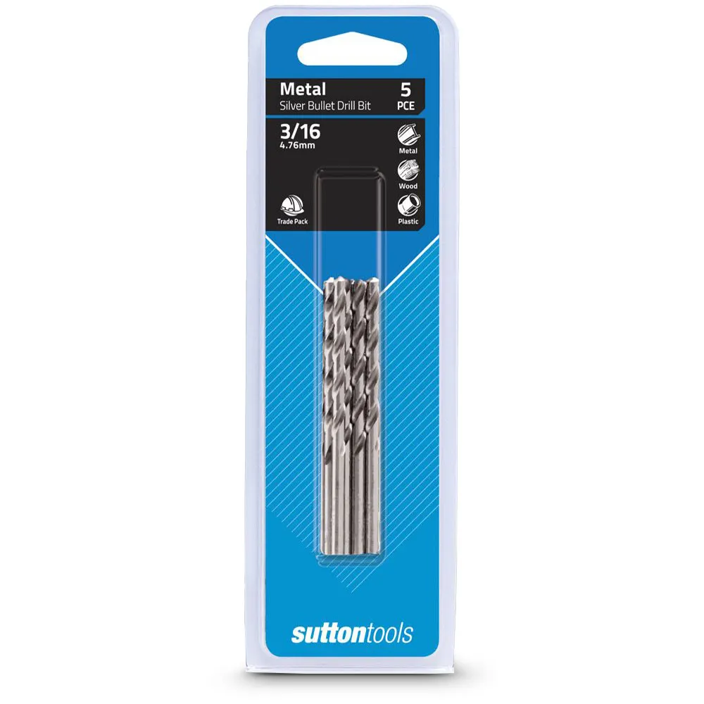 SUTTON 3/16inch x 3.1/2inch Metal Jobber Drill Bit HSS SILVER BULLET - 5 Piece