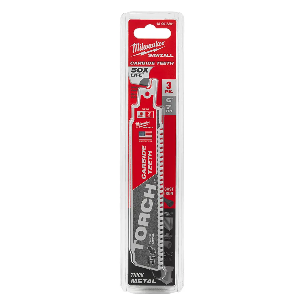 MILWAUKEE 150mm 7TPI TCT Reciprocating Saw Blade for Metal Cutting - THE TORCH - 3 Piece 48005301