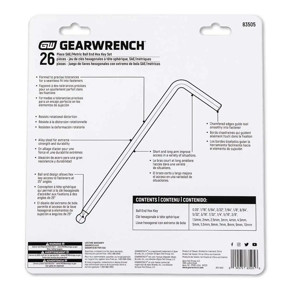 GEARWRENCH Met/Af B/End Long Hex-L Key Set - 30 Piece 83505