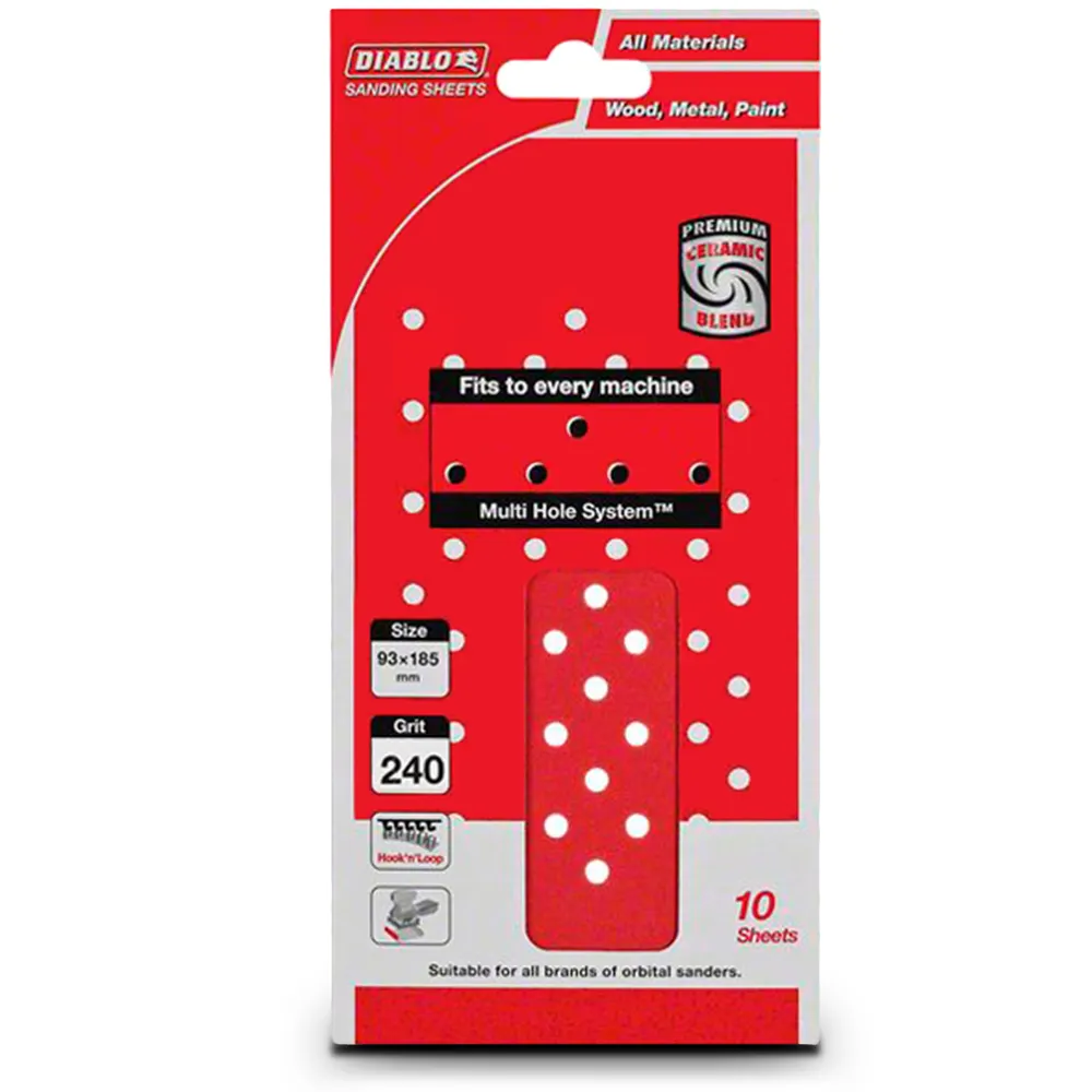 DIABLO 93 x 185mm 240-Grit Multi-Hole Hook & Loop Sanding Sheet - 10 Piece