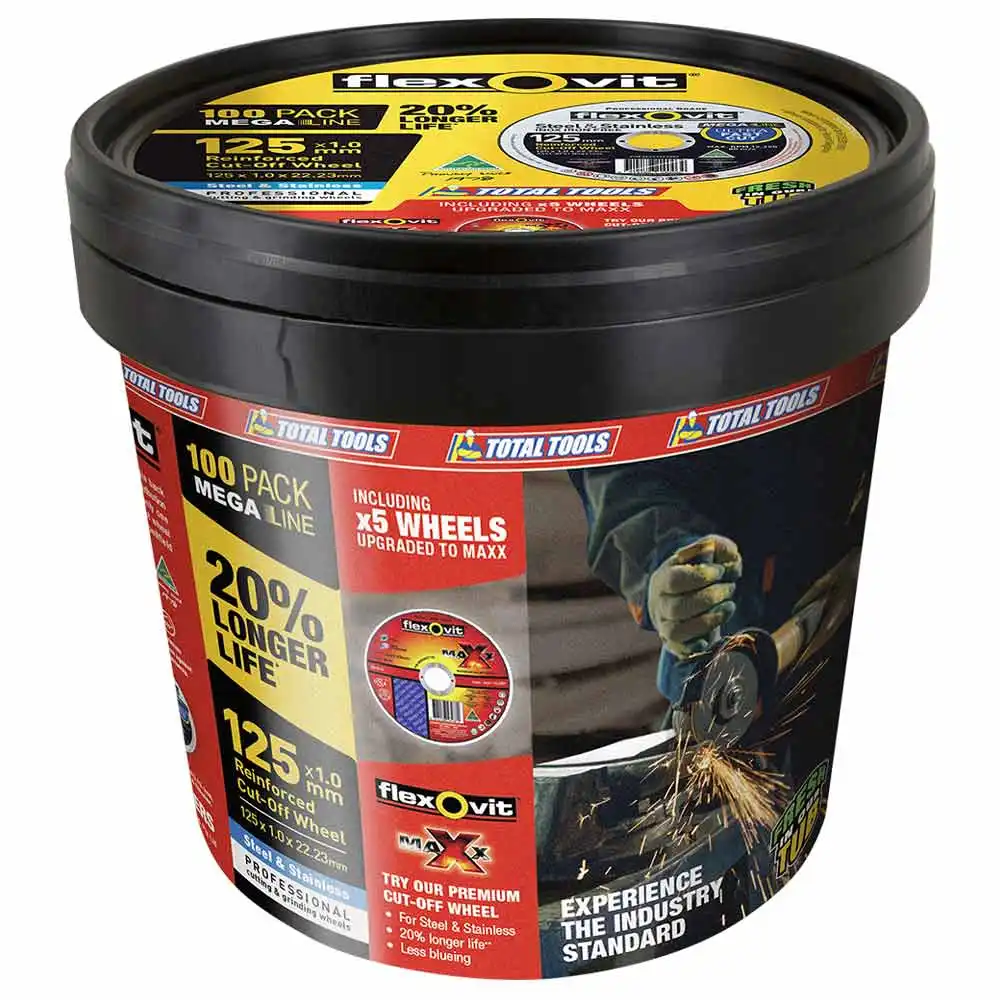FLEXOVIT 100 Piece 125x1.0mm Cut-Off MEGA INOX & MAXX Discs Tub 66252850037
