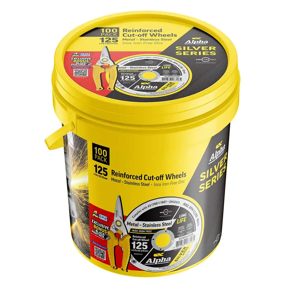 ALPHA 100 Piece 125x1.0mm Cut-Off Discs Silver Series Tub + Panther Snip GCDSS12510-100TT