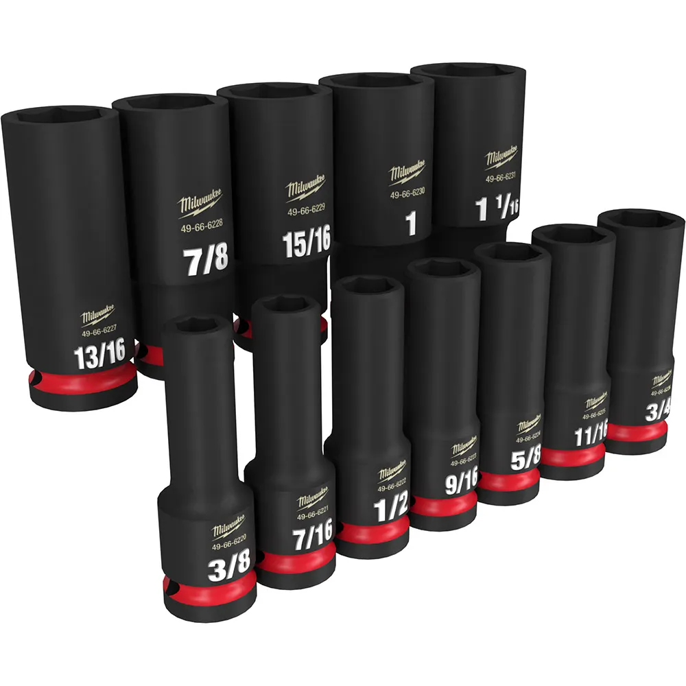 MILWAUKEE 12 Piece 1/2inch Drive 6 Point Shockwave SAE Deep Impact Socket Set 49667011
