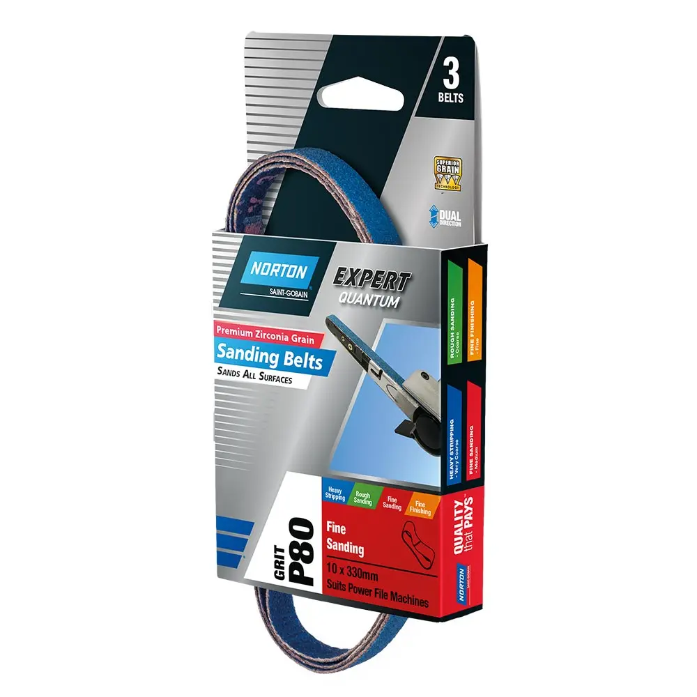 NORTON 10 x 330mm 80-Grit Zirconia Powerfile Belt - 3 Piece