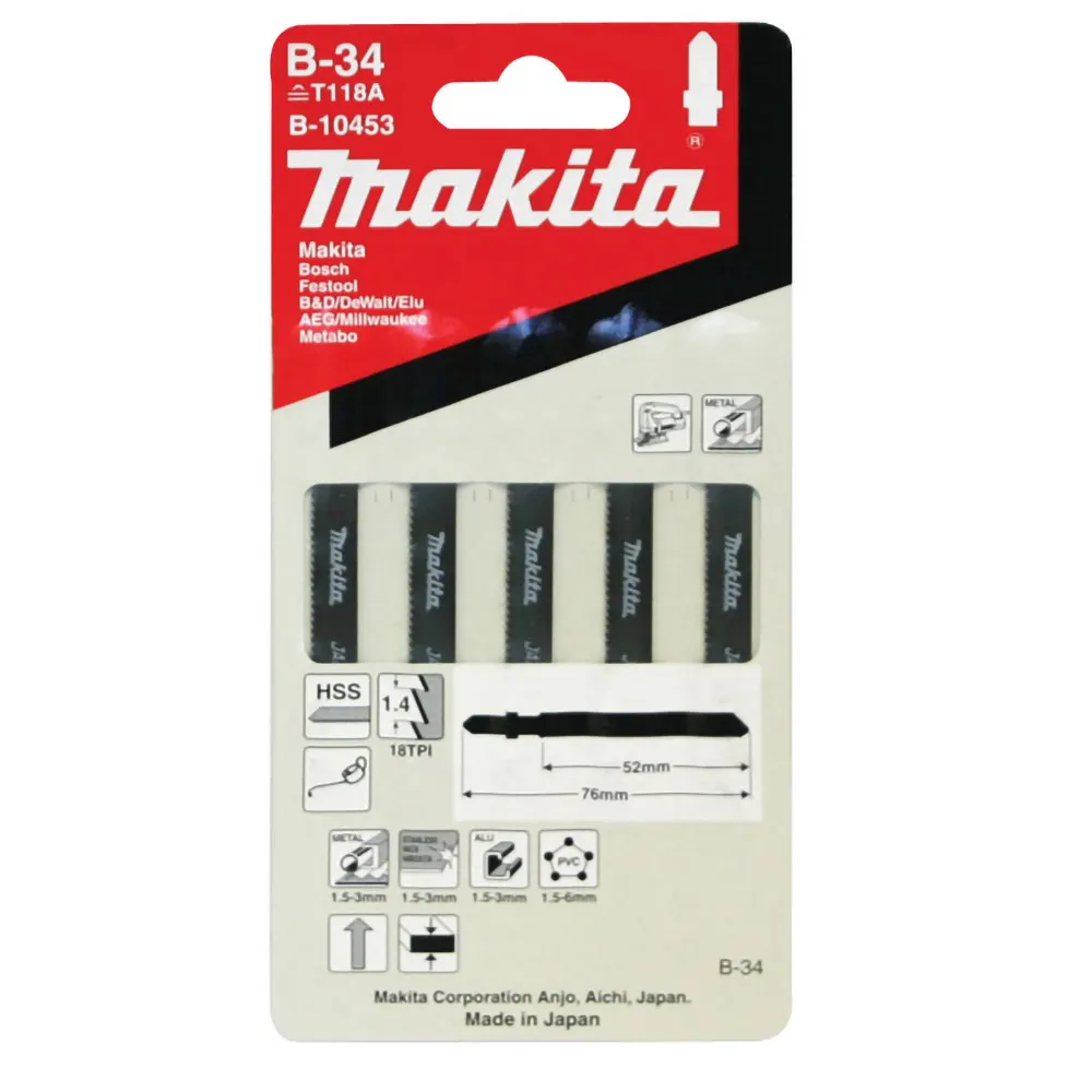 MAKITA 52mm Jigsaw Blade B-34 - Bayonet Type A - 5 Piece B-10453