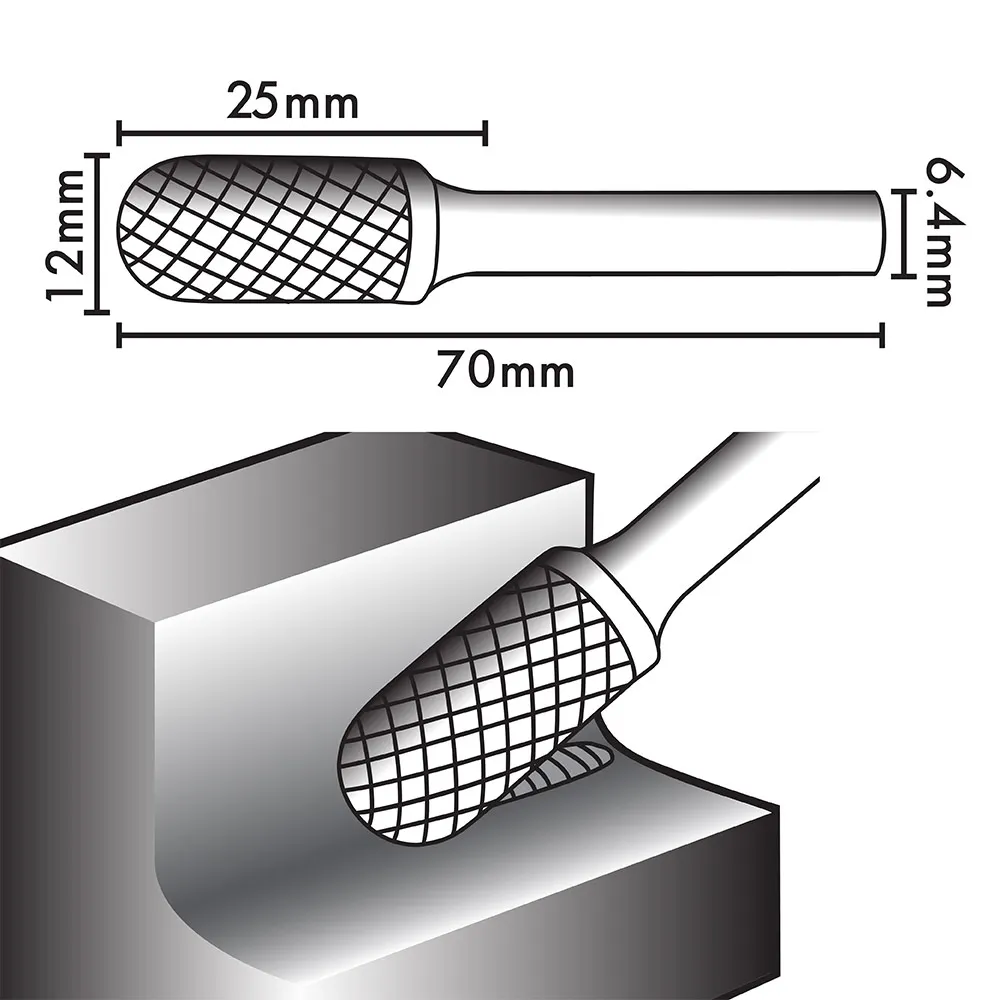JOSCO 12 x 25mm 1/4inch Shank Ball-Nosed Cylinder Diamond Cut Carbide Burr