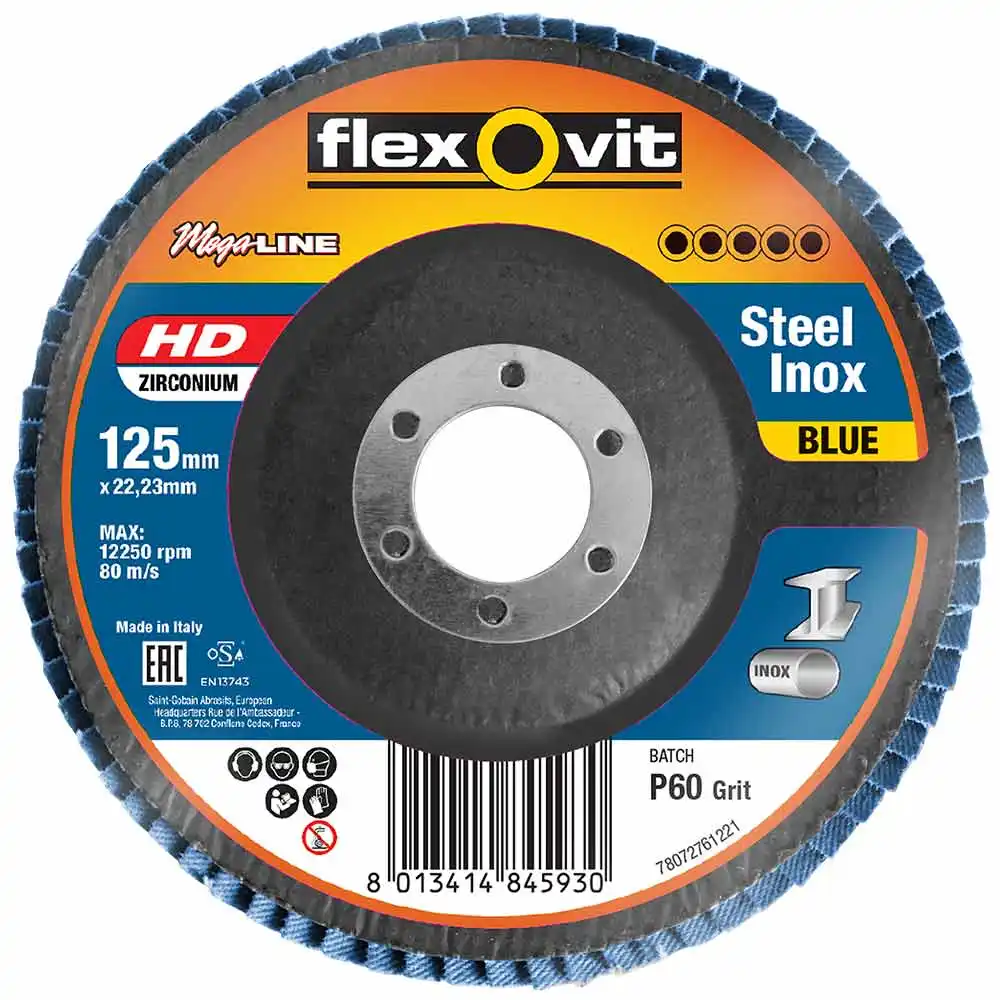 FLEXOVIT 125mm 60-Grit Zirconia INOX Angled Flap Disc - MEGALINE 78072761221