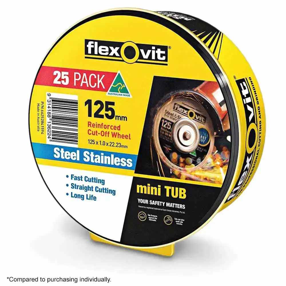 FLEXOVIT 125 x 1.0mm Steel & Stainless Cut Off Disc - MEGA INOX - 25 Piece Tub