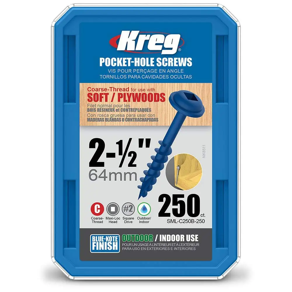 KREG Pocket Hole Screws Coarse Blue-Kote 64mm - 250 Piece KR-SMLC250B-250