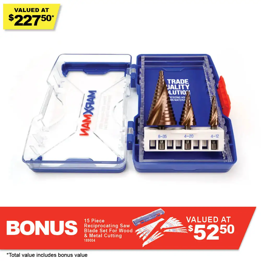 MARXMAN 4-12/4-20/6-35mm HSS COBALT Spiral Flute Step Drill Set - 3 Piece MSDSPCOSET3PC