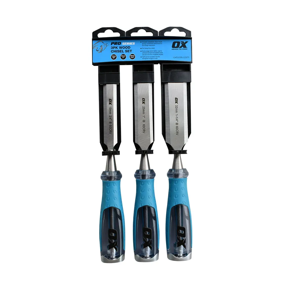 OX 3pc 19/25/32 Strike Cap Thru Tang Wood Chisel Set OX-P3709033