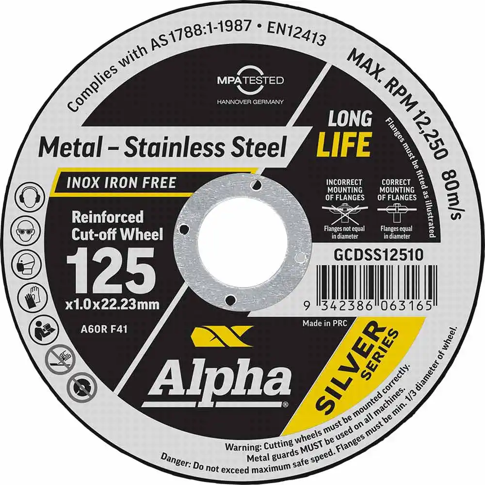 ALPHA 100 Piece 125x1.0mm Cut-Off Discs Silver Series Tub + Panther Snip GCDSS12510-100TT