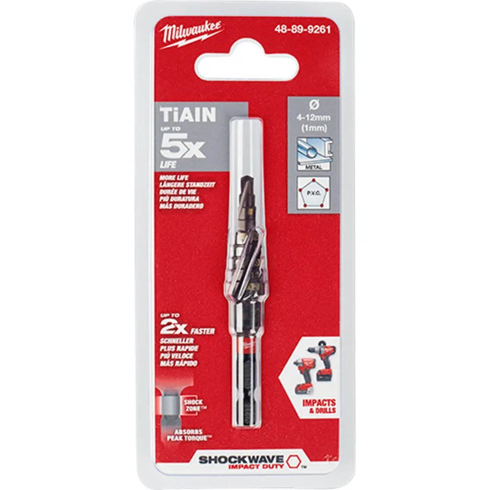 MILWAUKEE 4-12mm 9-Step 1/4-Hex HSS-TiAlN Spiral Flute Step Drill Bit - SHOCKWAVE