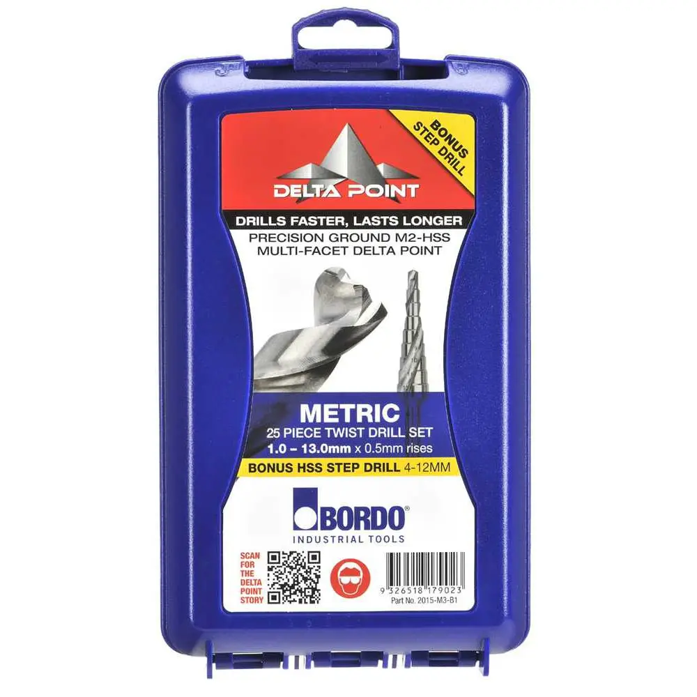 BORDO 1-13mm HSS Delta Point Drill Bit Set w/ 4-12mm Step Drill - 25 Piece 2015-M3-B1