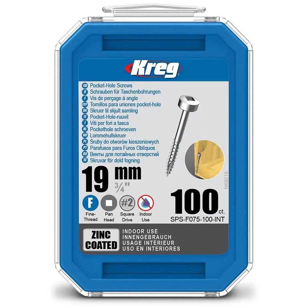 KREG Pocket Hole Screws Fine Pan Head Zinc 19mm - 100 Piece KR-SPSF075-100