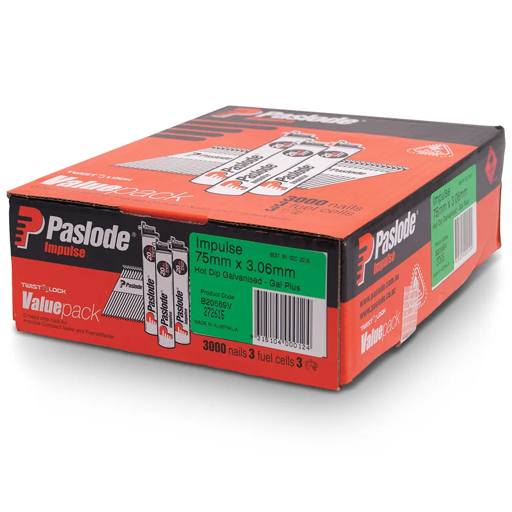 PASLODE Box of 3000 75mm Galvanised Framing Nails & 3 Fuel Cell Pack B20569V