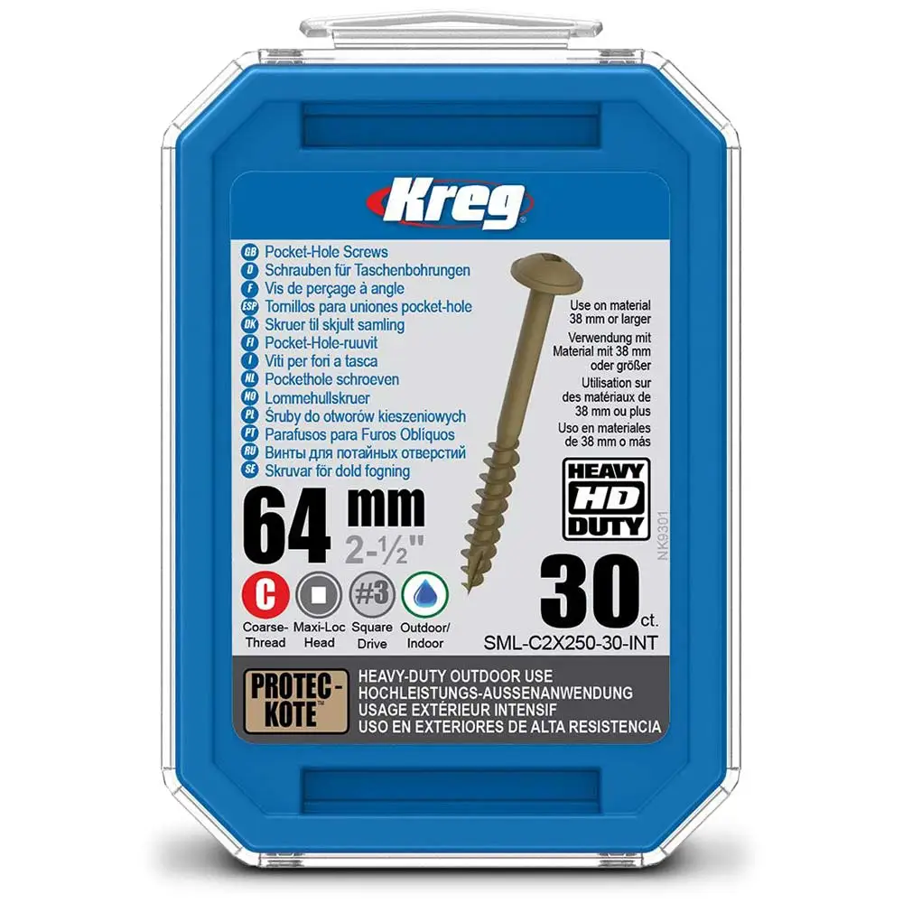 KREG Pocket Hole Screws Coarse HD 64mm - 30 Piece KR-SMLC2X250-30