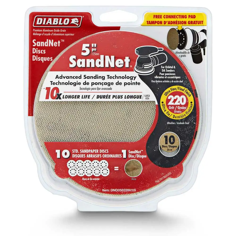 DIABLO 125mm 220-Grit Net Hook & Loop Sanding Disc & Connection Pad - SANDNET - 10 Piece