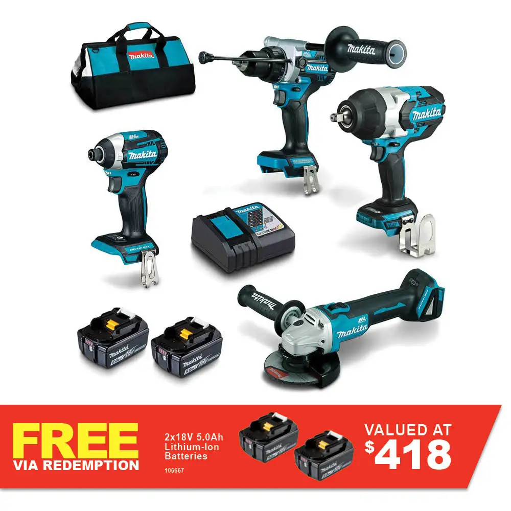 MAKITA 18V Brushless 4 Piece 2 x 5.0Ah Combo Kit DLX4144TX1