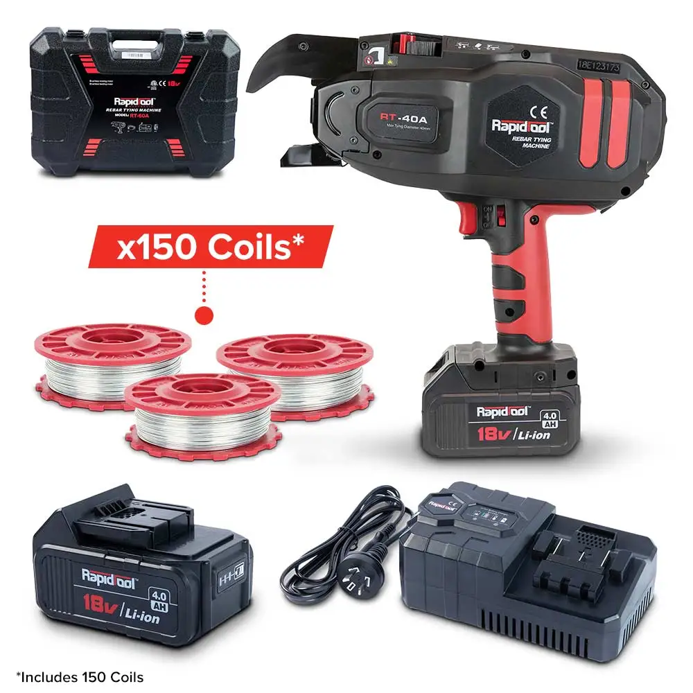 RAPIDTOOL 18V 2 X 4.0Ah 40mm Rebar Tying Tool Kit w/ 150 Coils TWG-150A