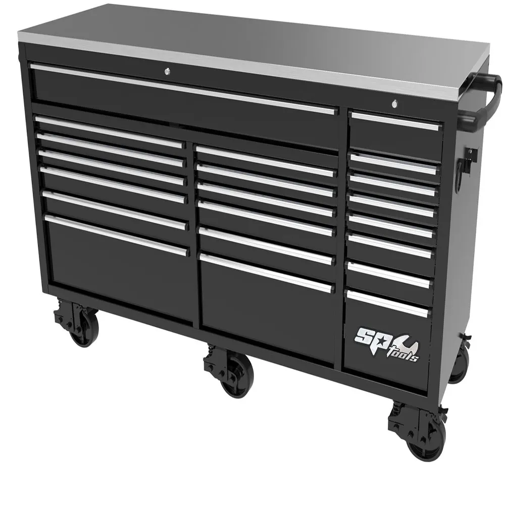 SP TOOLS 73inch USA Sumo Series Wide Roller Cabinet - 21 Drawer - Black/Chrome SP44825