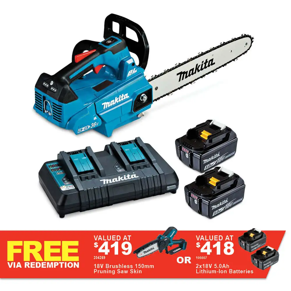 MAKITA 36V (18Vx2) Brushless 2 x 5.0Ah 300mm Top Handle Chainsaw Kit DUC306PT2