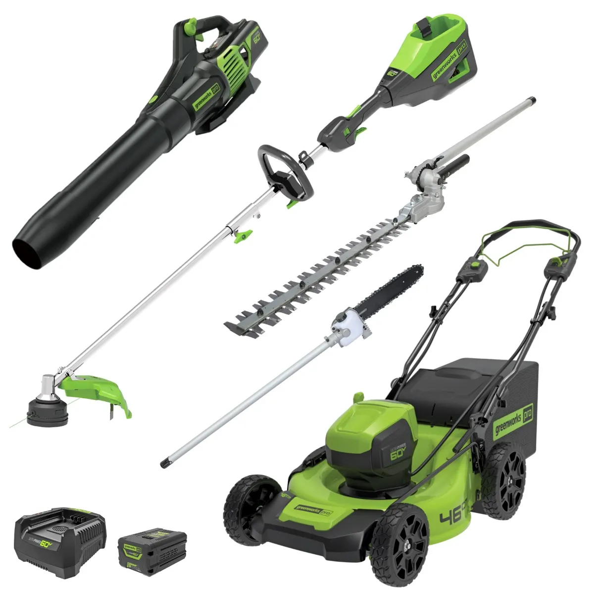 GREENWORKS 60V 1 x 4.0Ah 46cm Self Propelled Mower + Multi Tool+ Blower + Polesaw and Hedge Trimmer Attachment Kit 1305807AU