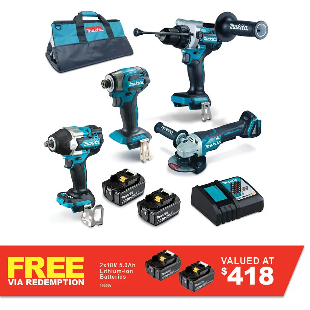 MAKITA 18V Brushless 4 Piece 2 x 5.0AH Combo Kit DLX4186TX1