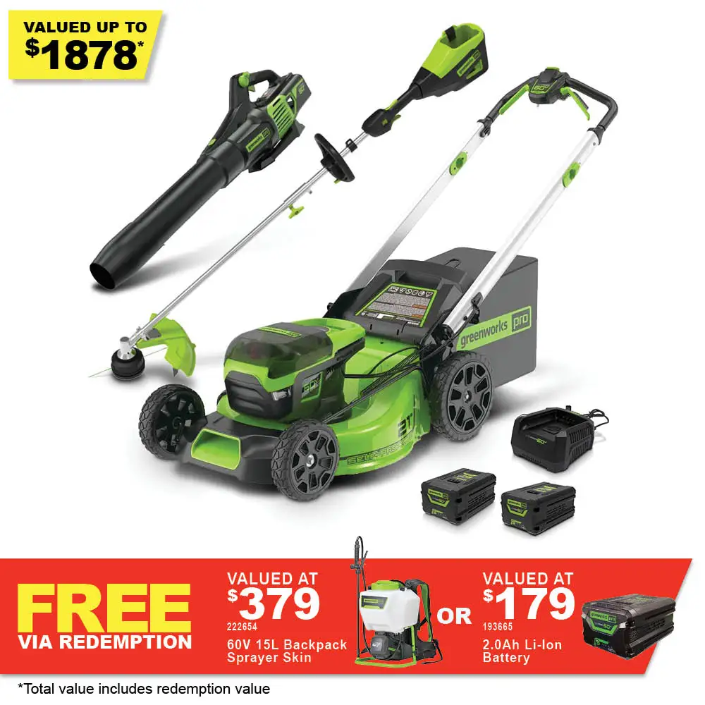 GREENWORKS 60V 1 x 6.0Ah / 1 x 4.0Ah Self Propelled Lawn Mower 51cm, Multi-Tool w/ Line Trimmer Attachment & Blower Kit 1307307AUVT