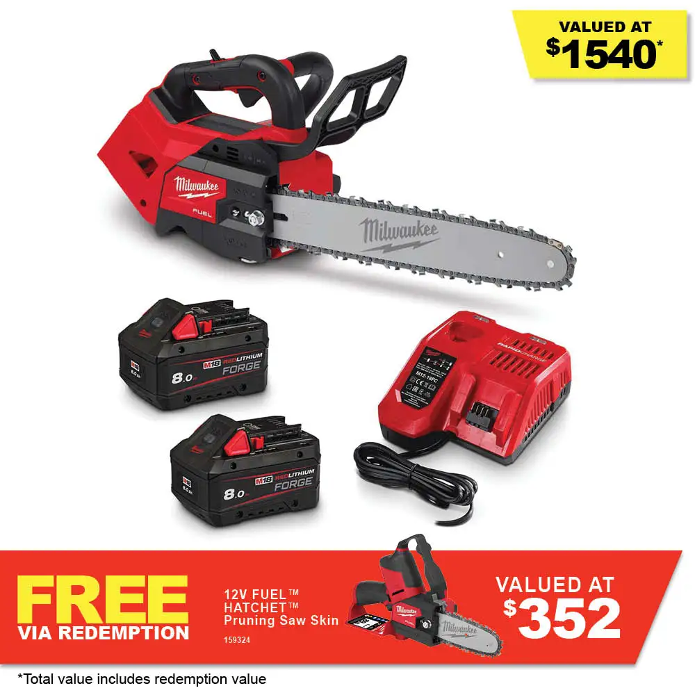 MILWAUKEE 18V REDLITHIUM FORGE 2 x 8.0Ah 14inch/35cm Top Handle Chainsaw Kit M18FTCHS14802F