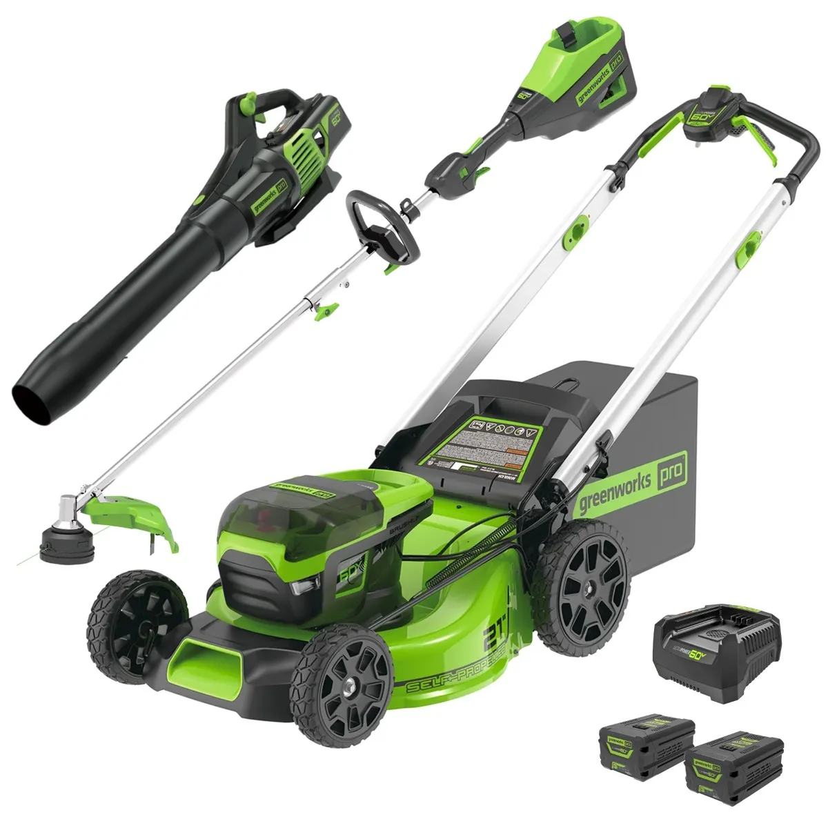 GREENWORKS 60V 1 x 6.0Ah / 1 x 4.0Ah Self Propelled Lawn Mower 51cm, Multi-Tool w/ Line Trimmer Attachment & Blower Kit 1307307AUVT