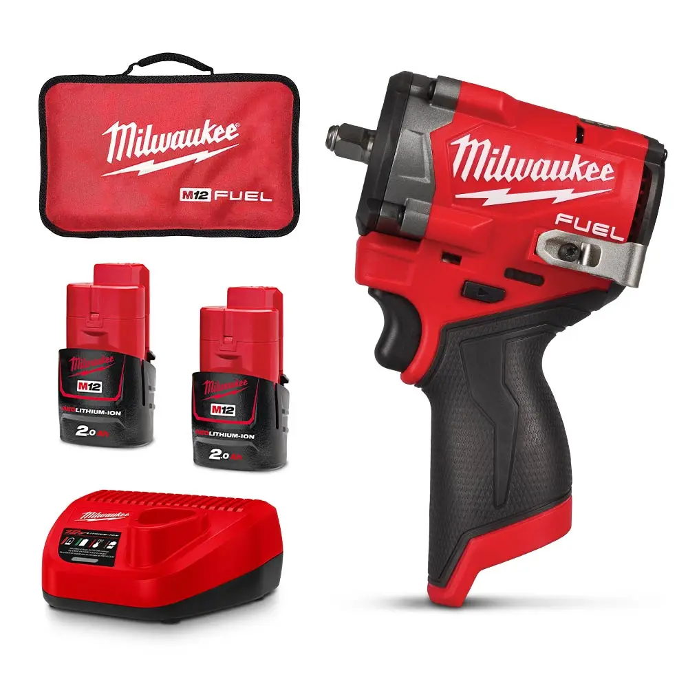 MILWAUKEE 12V 2 x 2.0Ah 3/8" Stubby Impact Wrench with Friction Ring Kit M12FIW2F38202B