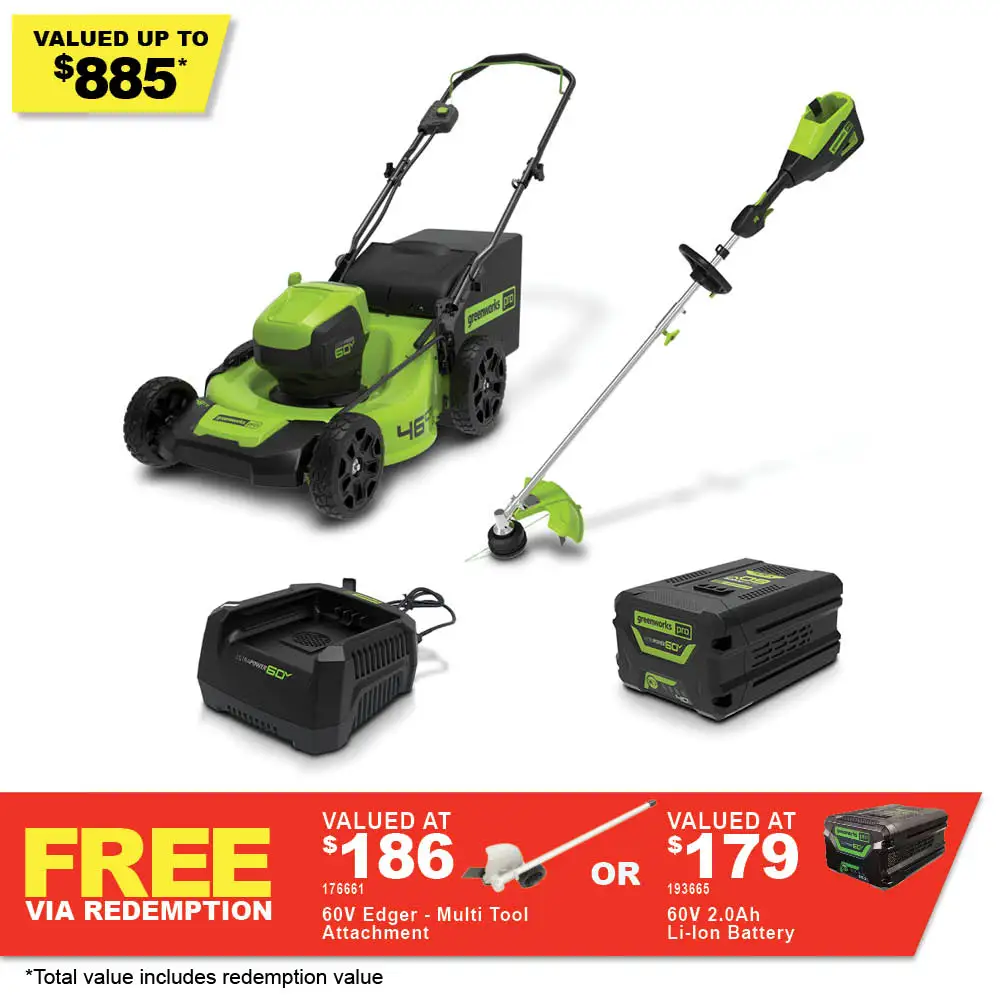 GREENWORKS 60V Brushless 1x4.0Ah 460mm (18") Steel Deck Lawn Mower and Multi-Tool with Line Trimmer Attachment Kit 1305907AU