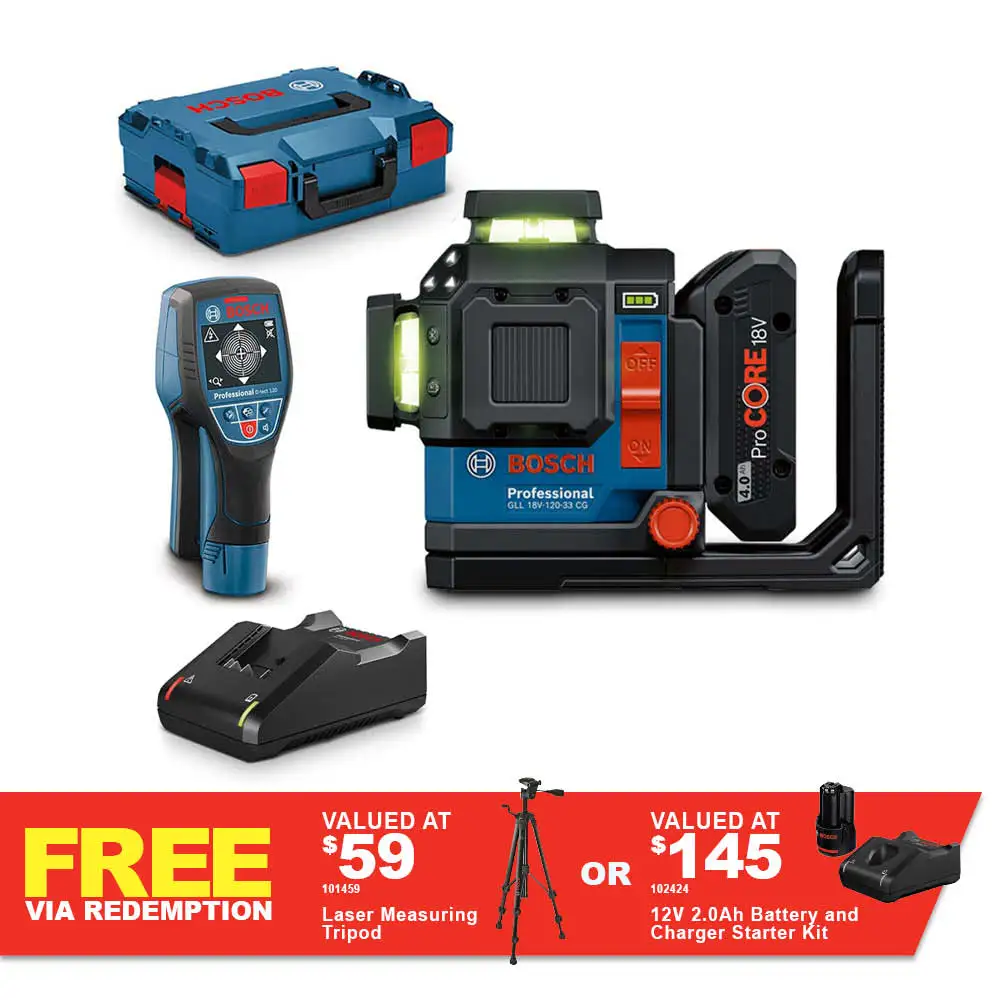 BOSCH 18V 3 x 360 Degree Green Multiline Laser Level With 120mm Detector 0615V0004Z