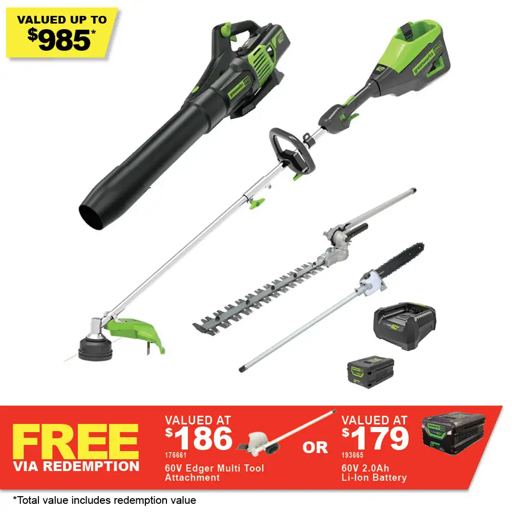 GREENWORKS 60V 1 x 4.0Ah Multi Tool + Blower + Head Trimmer Attachment + Polesaw Attachment + Charger Kit 1305707AU