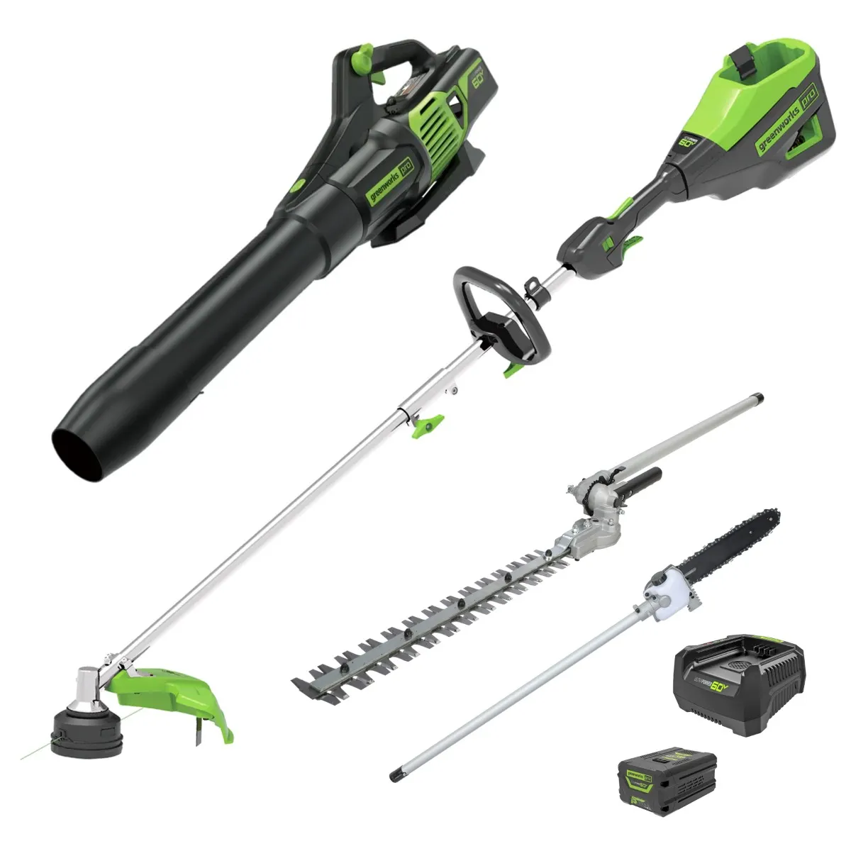 GREENWORKS 60V 1 x 4.0Ah Multi Tool + Blower + Head Trimmer Attachment + Polesaw Attachment + Charger Kit 1305707AU