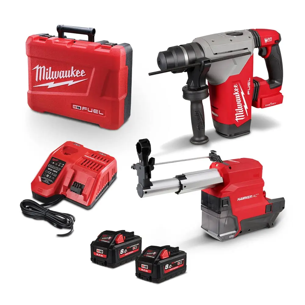MILWAUKEE 18V FUEL 2 x 8.0Ah 26mm HAMMERVAC SDS Plus Rotary Hammer Kit M18FHPDEX802C