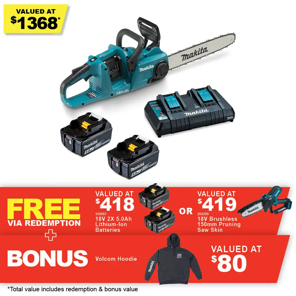 MAKITA 36V (18Vx2) Brushless 2 x 5.0Ah 400mm Easy Change Bar Chainsaw Kit DUC400PT2