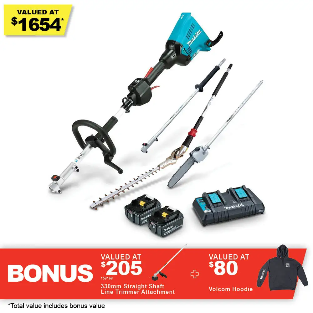 MAKITA 36V Brushless 2 x 5.0Ah Multi-Function Power Head, Pole Saw & Hedge Trimmer Kit DUX60PSHPT2-B