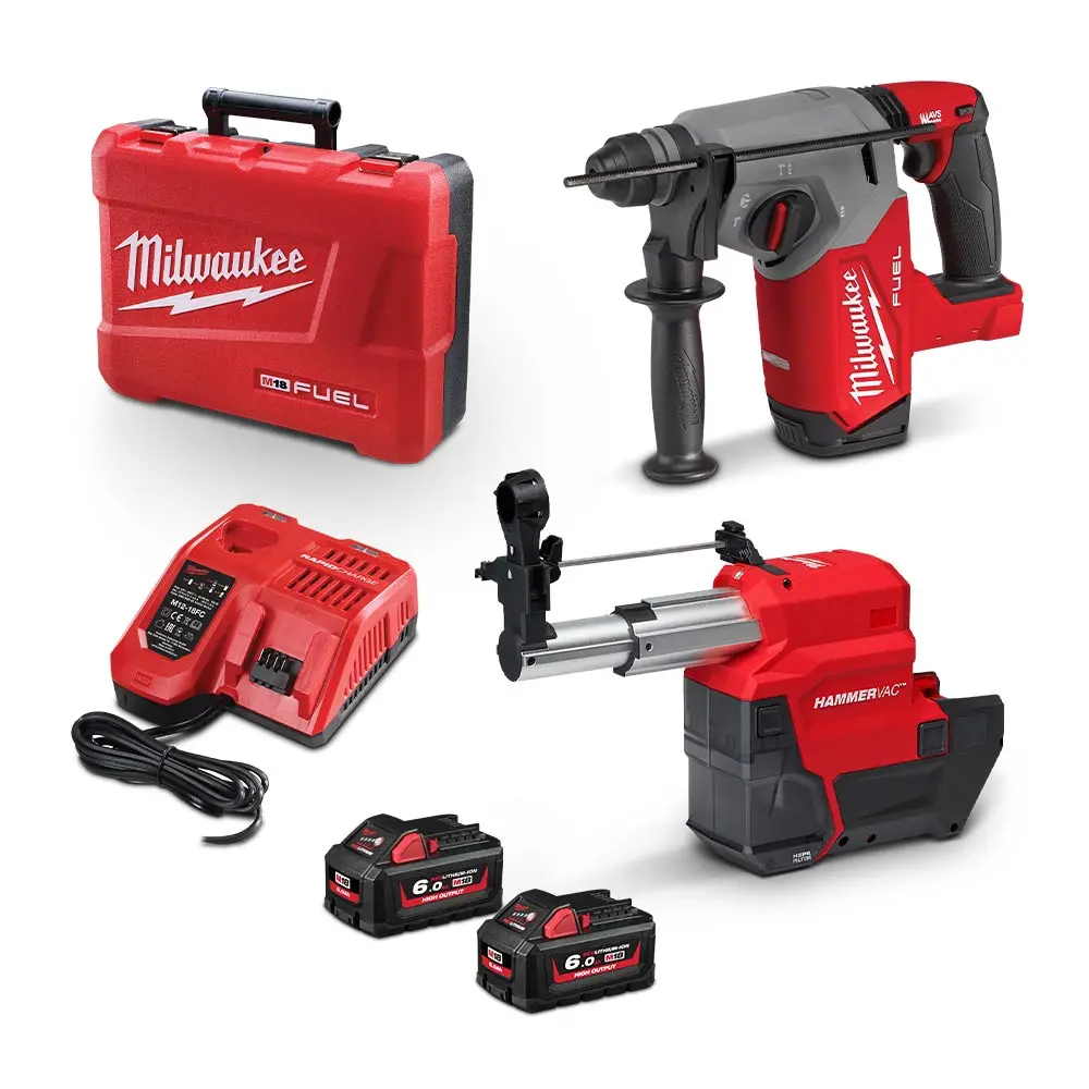 MILWAUKEE 18V FUEL 2 x 6.0Ah 26mm HAMMERVAC SDS Plus Rotary Hammer Kit M18FHDEX602C