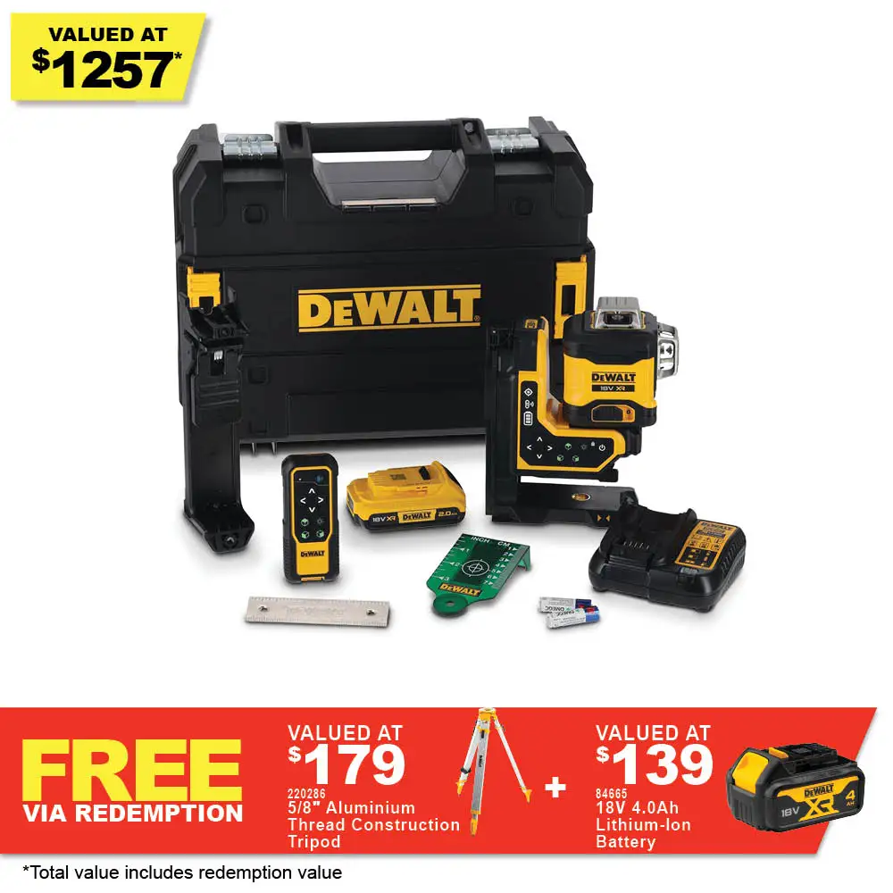 DEWALT 18V XR 3 x 360 Degree 1 x 2.0Ah Multiline Green Laser Level with Remote DCLE34035D1-XE