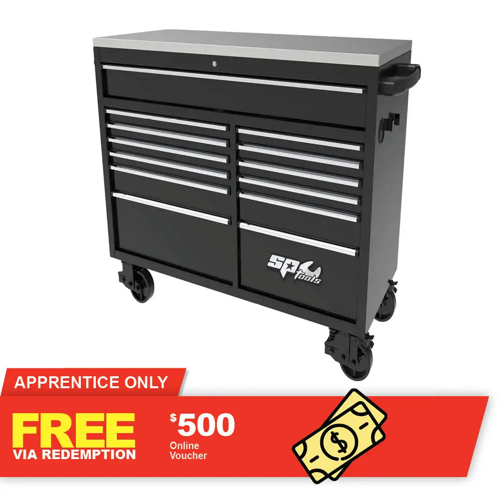 SP TOOLS 59inch USA Sumo Series Wide Roller Cabinet - 13 Drawer - Black/Chrome SP44725