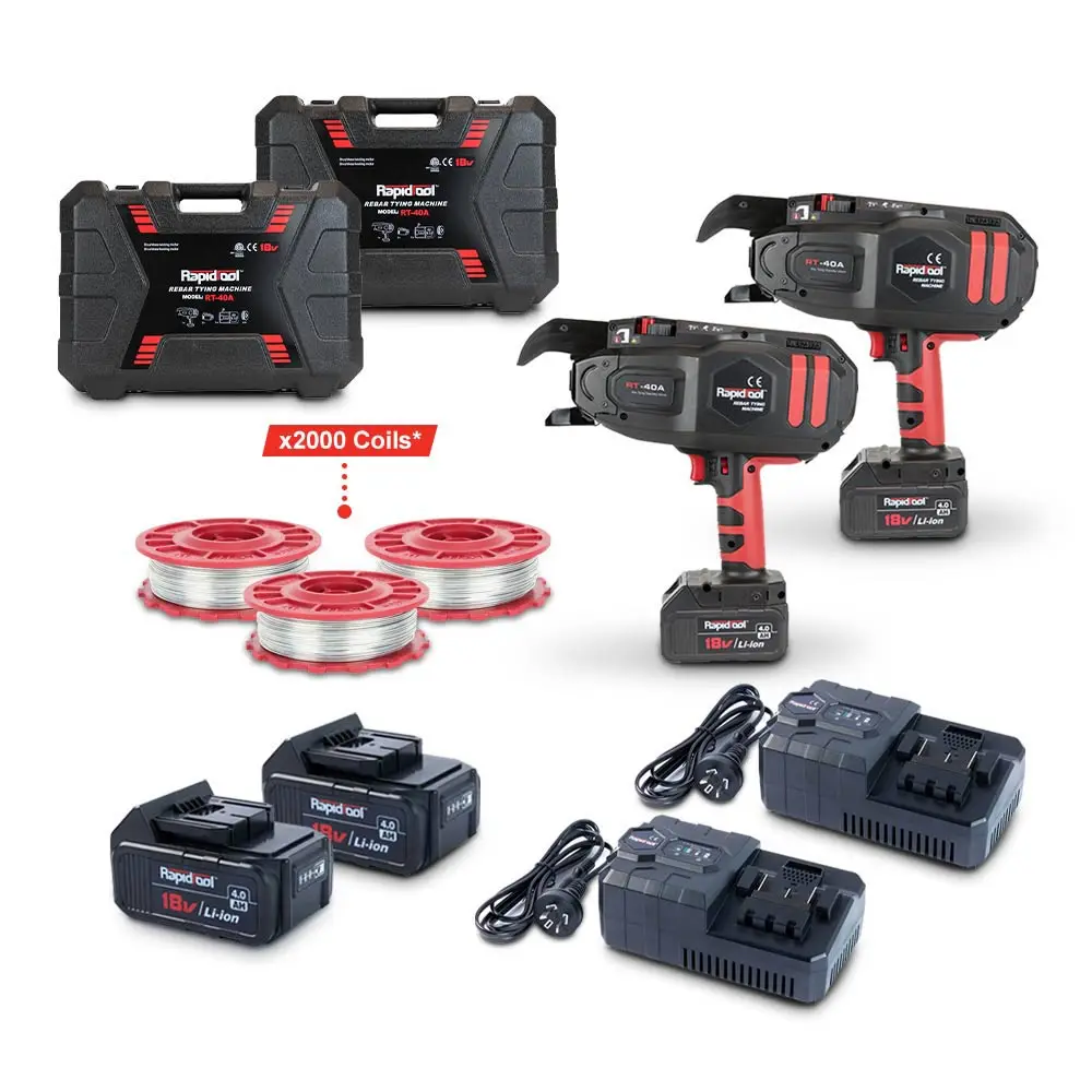 RAPIDTOOL 18V 4 x 4.0AH 2 x RT-40A Rebar Tying Tool Kit w/ 2000 Coils TWG-2000C