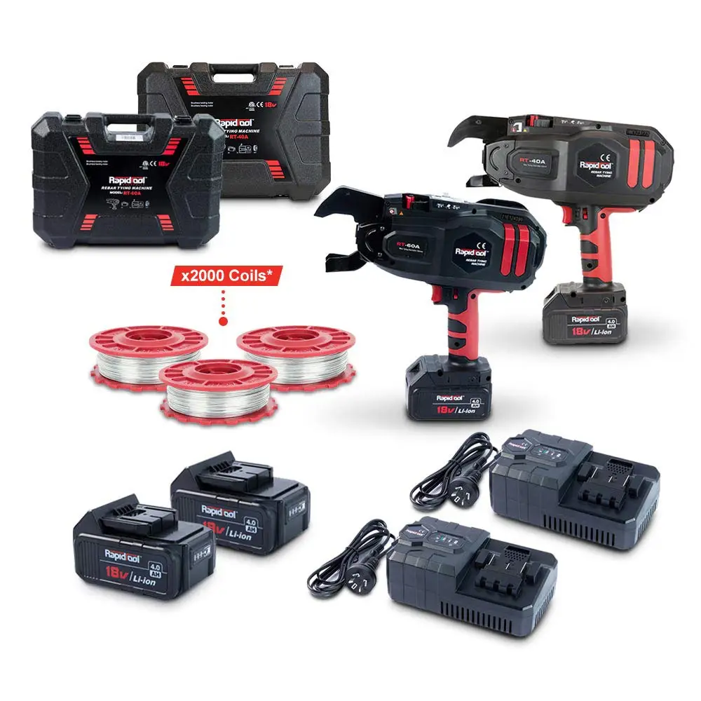 RAPIDTOOL 18V 4 x 4.0AH RT-40A/RT-60A Rebar Tying Tool Kit w/ 2000 Coils TWG-2000E