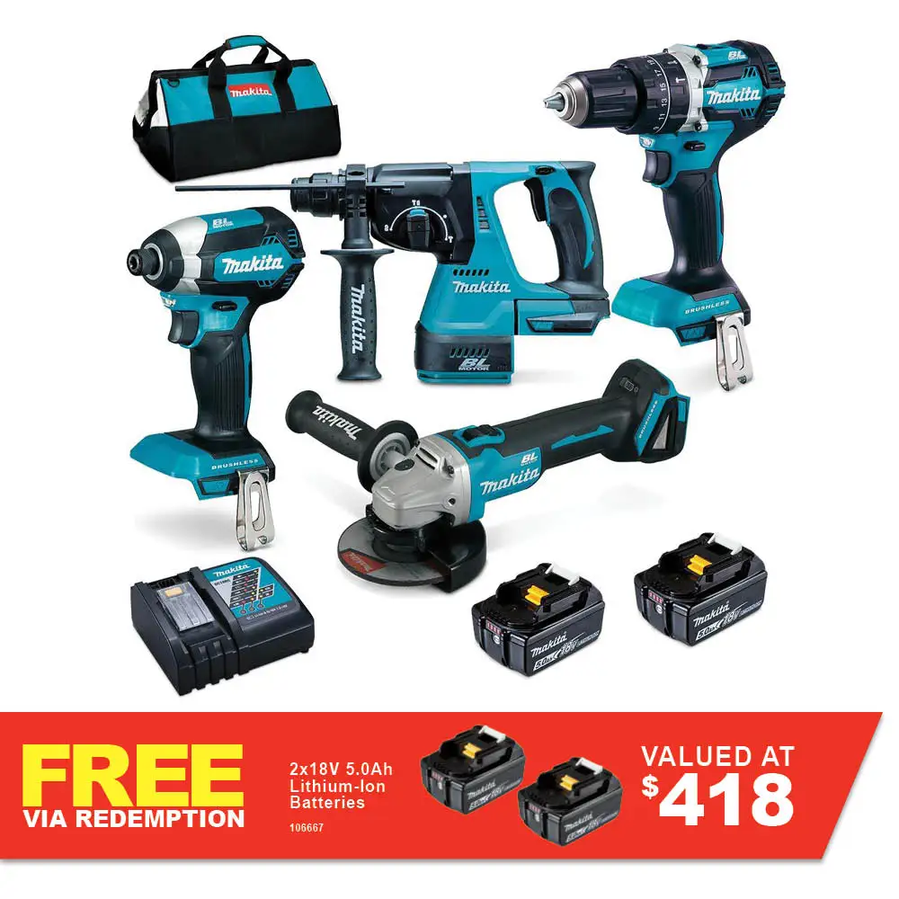 MAKITA 18V Brushless 4 Piece 2 x 5.0Ah Combo Kit DLX4102T