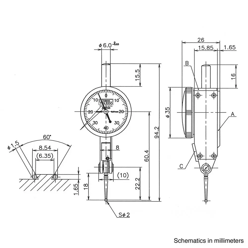 TOLEDO 0.01 x 0.8mm Analogue Dial Indicator 322103